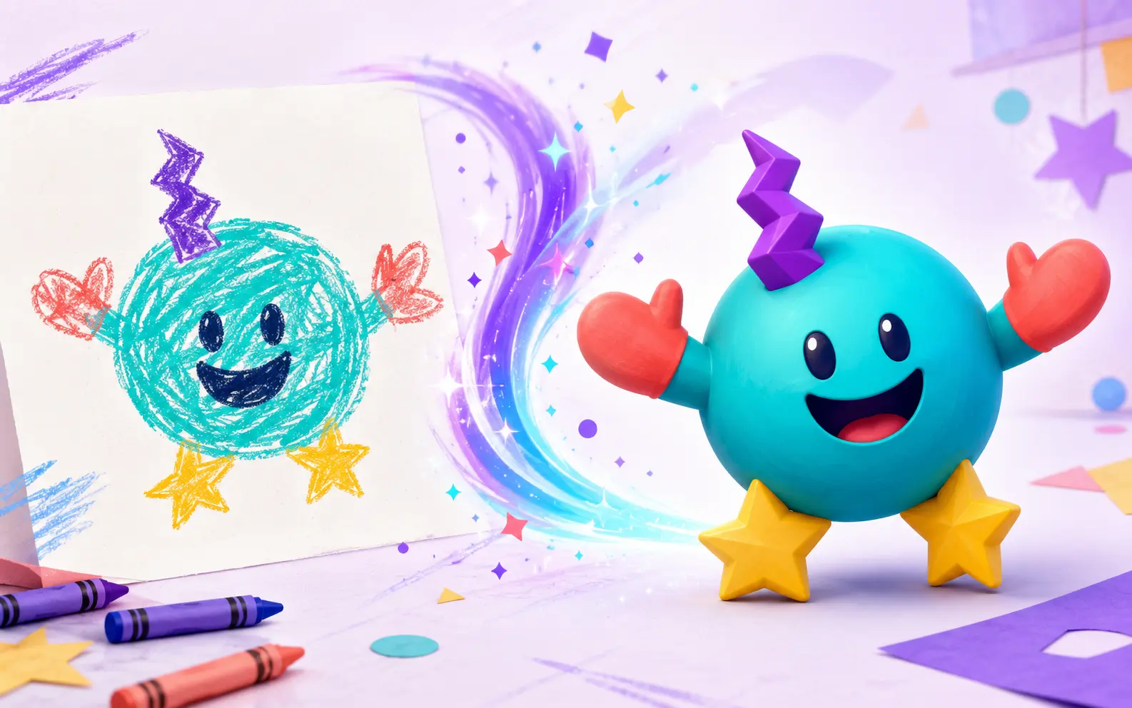 A colorful crayon drawing transforming into the same polished playable game character